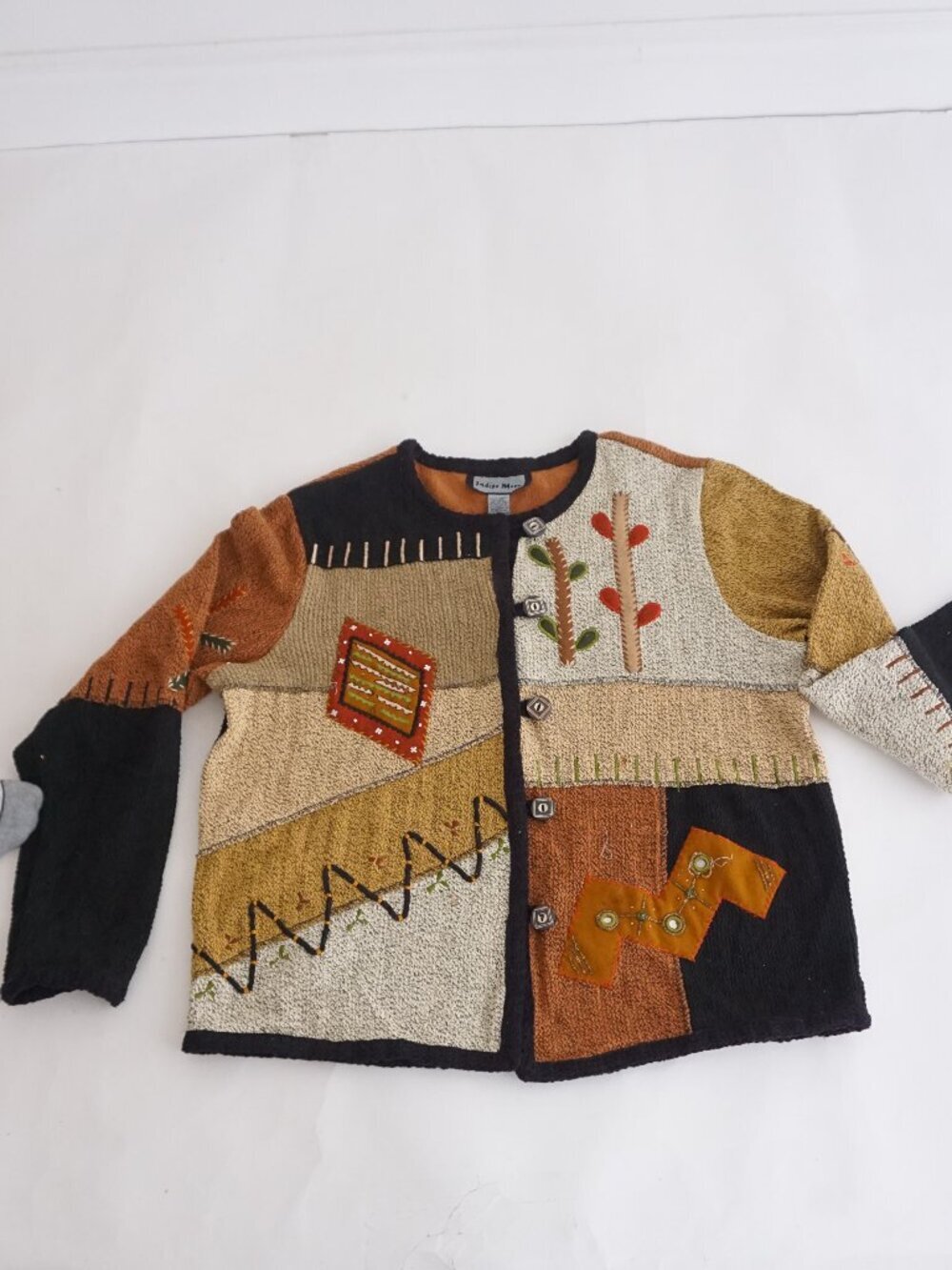 Vintage Indigo Moon Beige Abstract Patchwork Embroidered Southwest Cardigan M